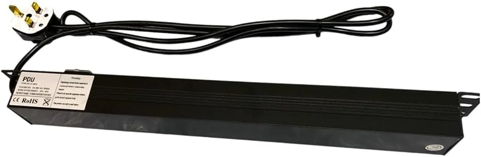 پاور استریپ 6 راهی XForm 1U با دوشاخه UK 13 آمپر، مناسب رک شبکه، کابل افزایش طول 1.8 متری، بدنه آلومینیومی مشکی