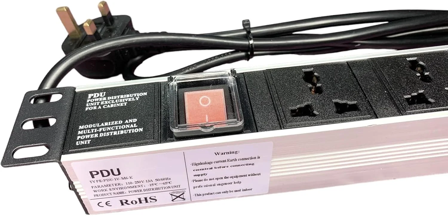 پاور استریپ 6 پورت رک مونت 1U با دوشاخه UK، 13 آمپر، مناسب رک شبکه، کابل افزایش طول 2 متری، پریز استاندارد، دارای کلید روشن/خاموش و بدنه آلومینیومی (6 پورت)