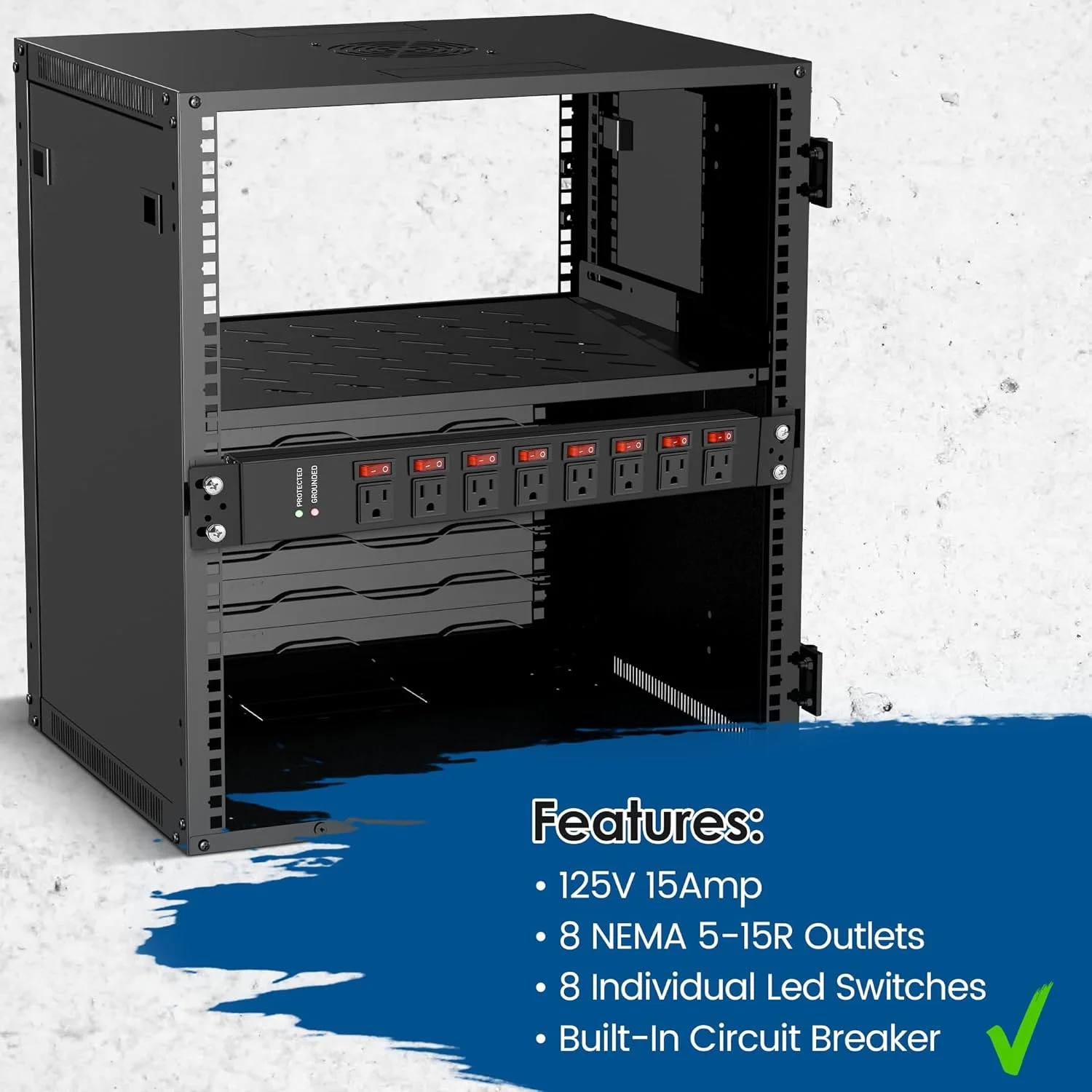 محافظ برق رک مونت، 8 پریز با کلیدهای جداگانه، محافظ برق PDU برای رک های سرور، سیم برق بافته شده سنگین 14AWG، 2700 ژول، 15 آمپر 125 ولت 1875 وات (کابل 6 فوت)
