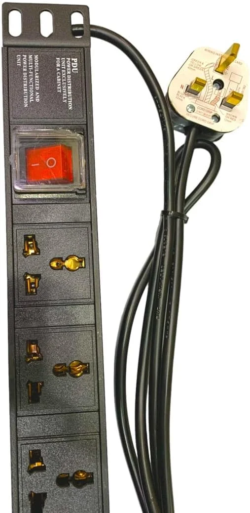 پاور استریپ 6 راهی XForm 1U با دوشاخه UK 13 آمپر، مناسب رک شبکه، کابل افزایش طول 1.8 متری، بدنه آلومینیومی مشکی