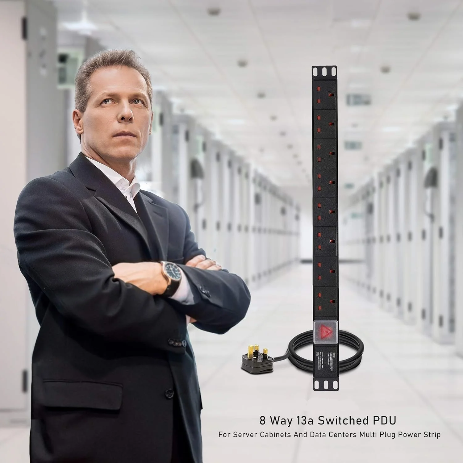 واحد توزیع برق (PDU) هشت راهی، نصب شده در رک 1U، هشت خروجی، دوشاخه 13 آمپر بریتانیایی، نوار برق PDU، رک کابینت شبکه، پریز با کابل افزایش طول 2 متری، خروجی استاندارد، سوئیچ منبع تغذیه، توزیع برق آلومینیومی - رنگ مشکی