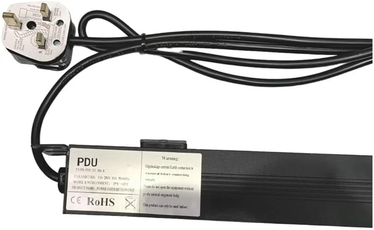 پاور استریپ 6 راهی XForm 1U با دوشاخه UK 13 آمپر، مناسب رک شبکه، کابل افزایش طول 1.8 متری، بدنه آلومینیومی مشکی