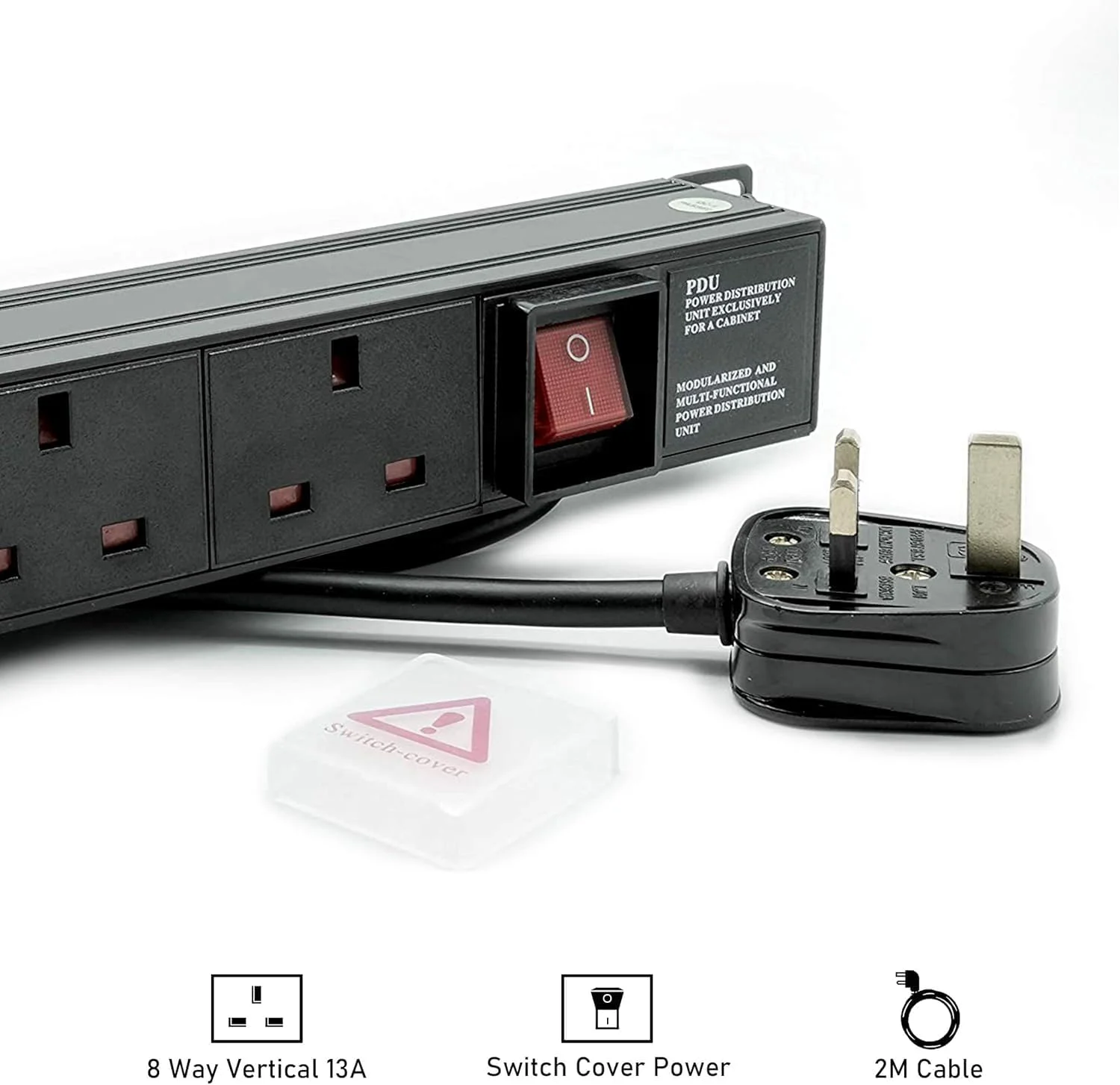 واحد توزیع برق (PDU) هشت راهی، نصب شده در رک 1U، هشت خروجی، دوشاخه 13 آمپر بریتانیایی، نوار برق PDU، رک کابینت شبکه، پریز با کابل افزایش طول 2 متری، خروجی استاندارد، سوئیچ منبع تغذیه، توزیع برق آلومینیومی - رنگ مشکی