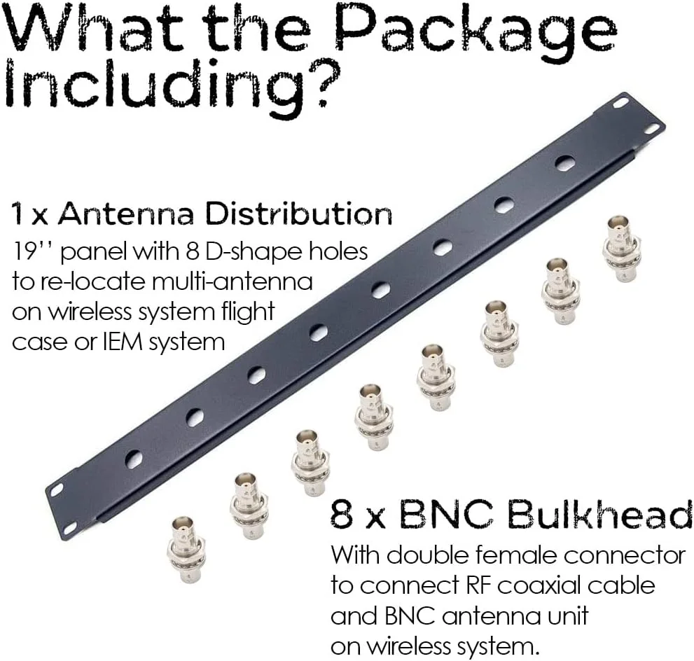 پنل رک با 8 آداپتور Bulkhead برای آنتن های BNC با گیرنده های بی سیم نصب شده بر روی رک تجهیزات صوتی استاندارد 19 اینچی (483 میلی متر)