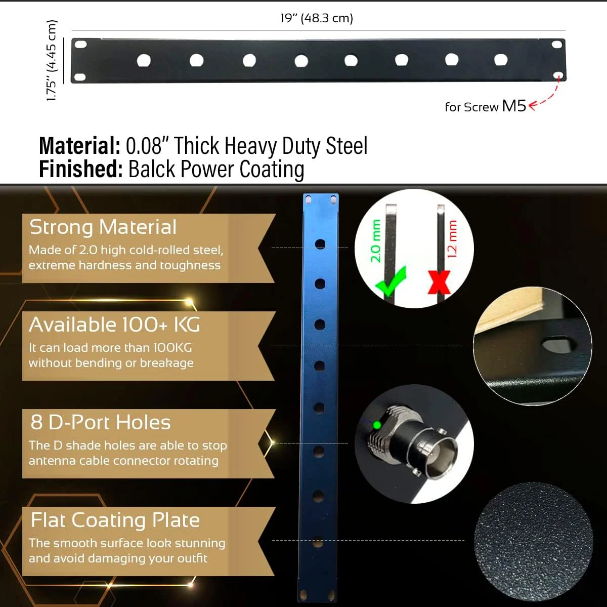 پنل رک با 8 آداپتور Bulkhead برای آنتن های BNC با گیرنده های بی سیم نصب شده بر روی رک تجهیزات صوتی استاندارد 19 اینچی (483 میلی متر)