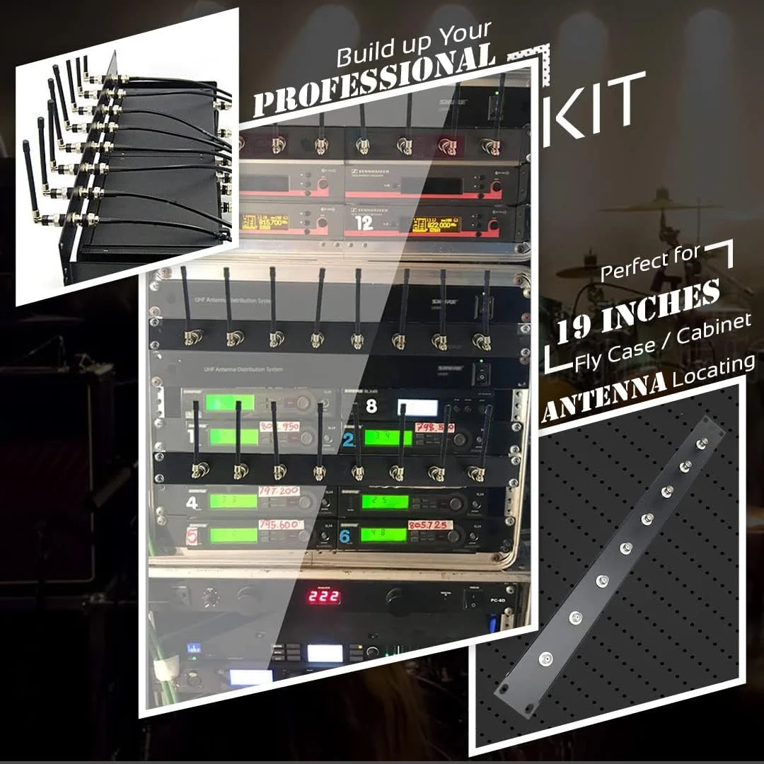 پنل رک با 8 آداپتور Bulkhead برای آنتن های BNC با گیرنده های بی سیم نصب شده بر روی رک تجهیزات صوتی استاندارد 19 اینچی (483 میلی متر)