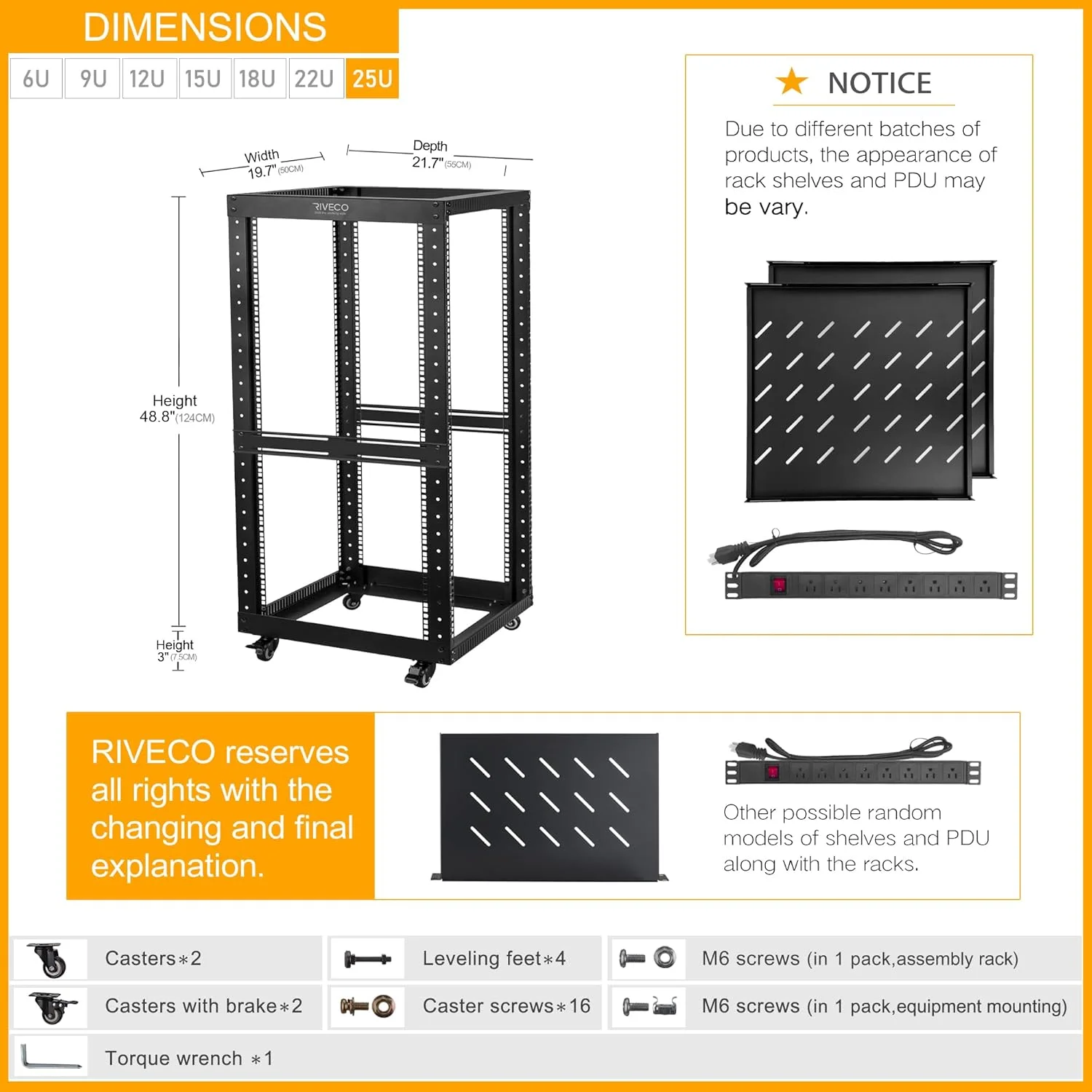 رک سرور فریم باز RIVECO 25U با چرخ + PDU (8 خروجی) محافظ برق (2 عدد قفسه رک + 1 PDU، 25U)