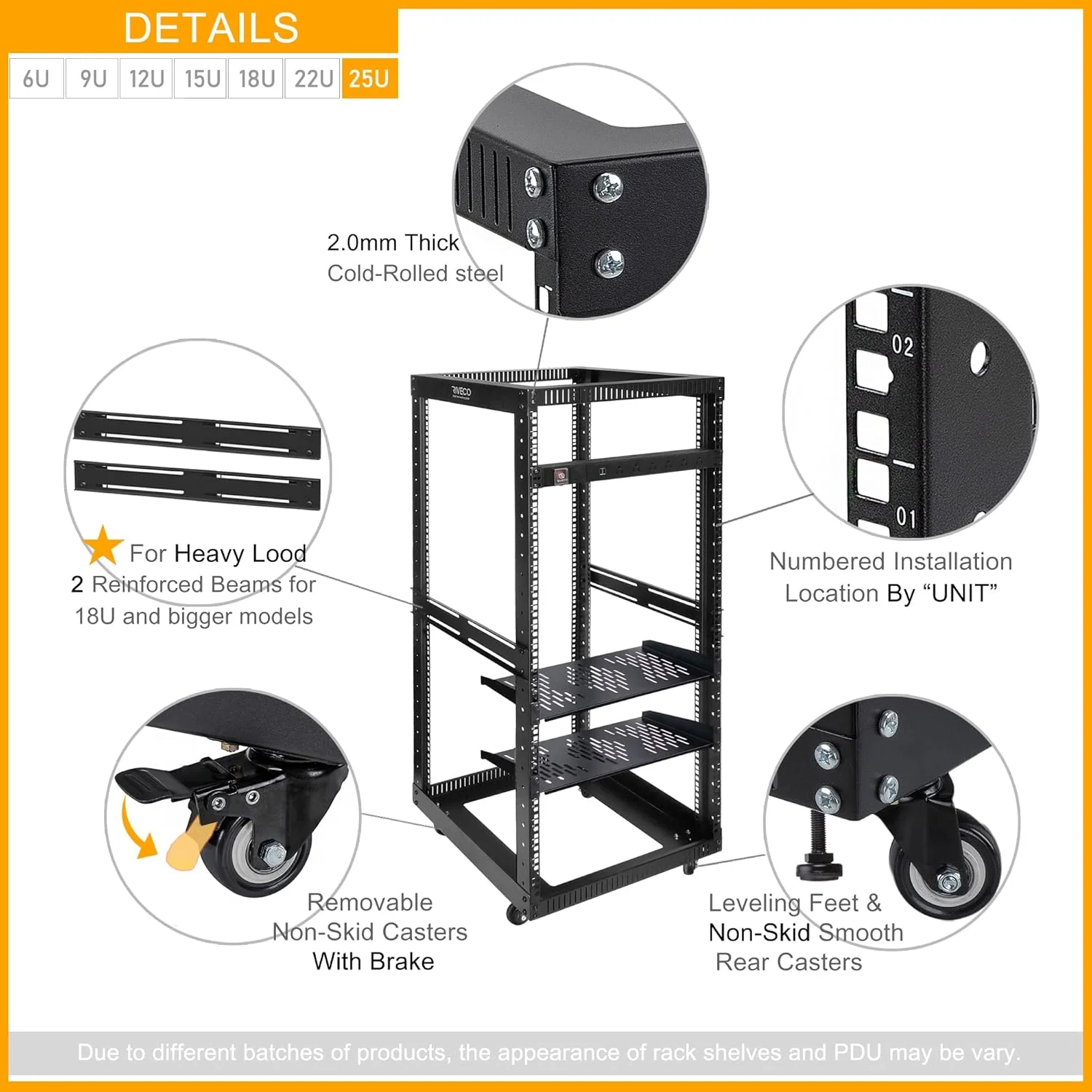 رک سرور فریم باز RIVECO 25U با چرخ + PDU (8 خروجی) محافظ برق (2 عدد قفسه رک + 1 PDU، 25U)