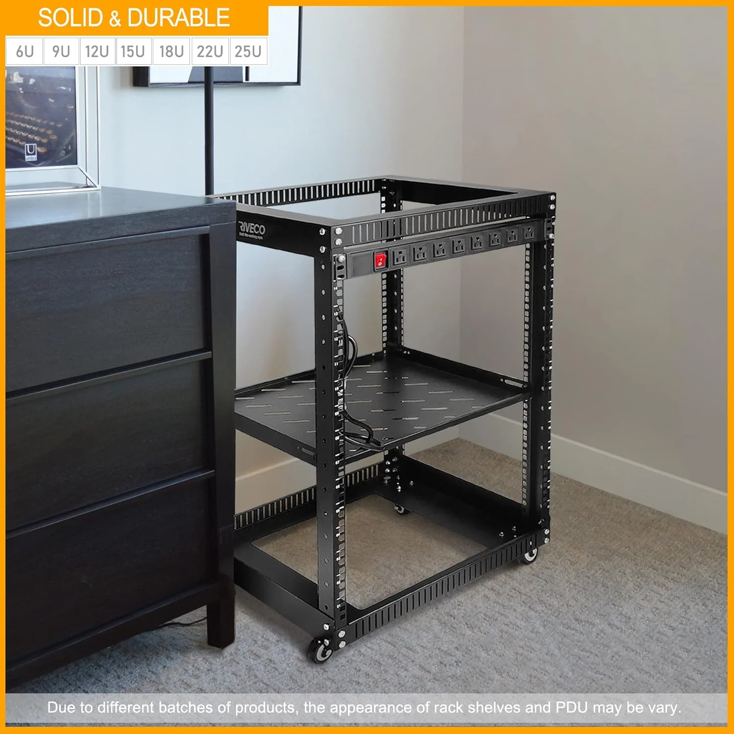 رک سرور فریم باز RIVECO 25U با چرخ + PDU (8 خروجی) محافظ برق (2 عدد قفسه رک + 1 PDU، 25U)