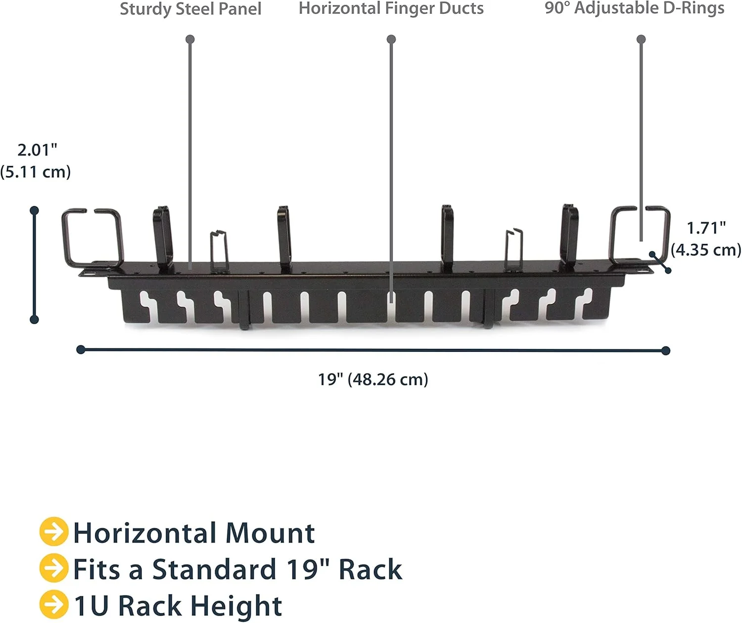 پنل مدیریت کابل رک سرور افقی StarTech.com 1U 19 اینچی - سازمان دهنده سیم شبکه و داده با داکت های انگشتی و قلاب های حلقه ای D عمودی/افقی (CMPNL1UC)