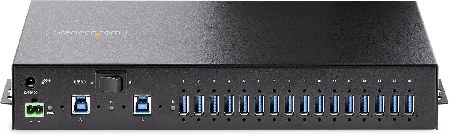 هاب صنعتی 16 پورت USB 5Gbps استار تک با آداپتور برق، فلزی، قابل نصب روی DIN/سطح/رک، هاب/سوئیچ دوگانه