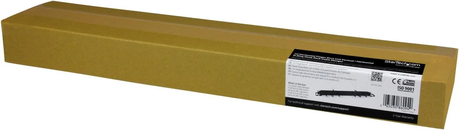 پنل مدیریت کابل رک سرور افقی StarTech.com 1U 19 اینچی - سازمان دهنده سیم شبکه و داده با داکت های انگشتی و قلاب های حلقه ای D عمودی/افقی (CMPNL1UC)