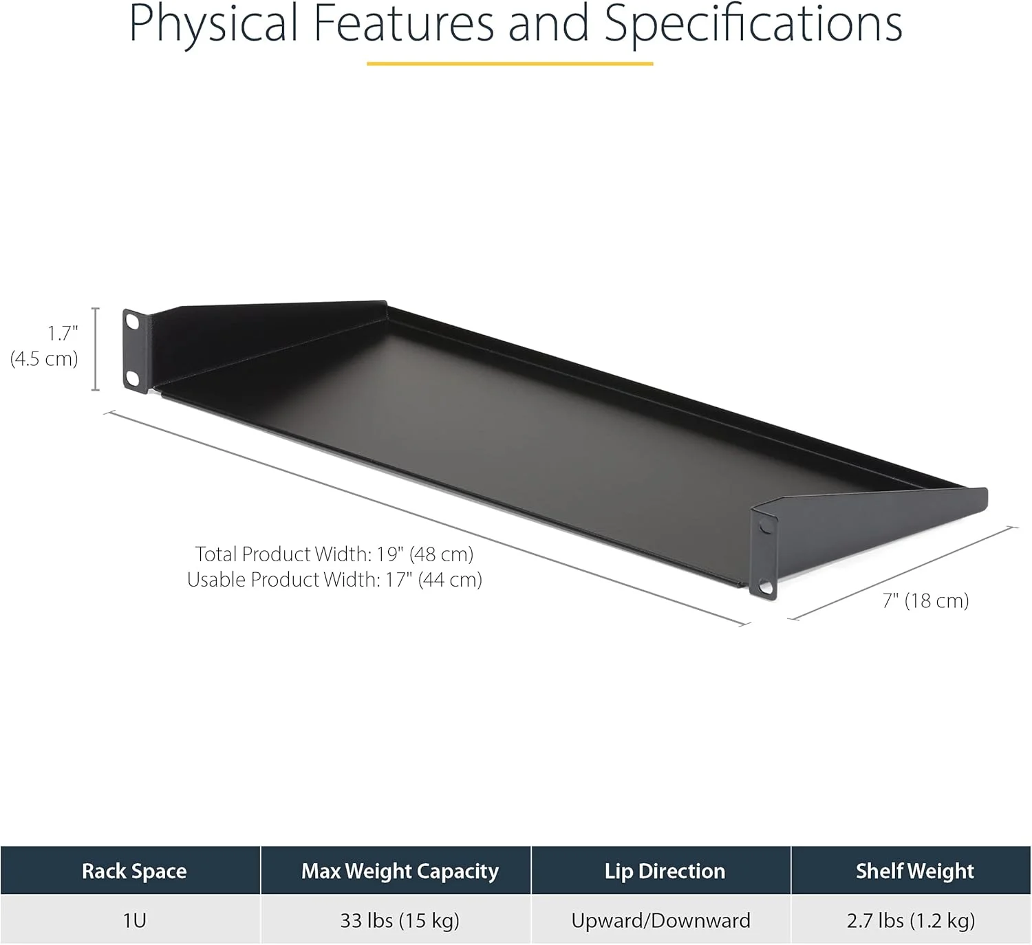 قفسه رک سرور یونیورسال StarTech.com 1U - قفسه کنسولی نصب رک یونیورسال برای رک و کابینت تجهیزات شبکه 19 اینچی - فولاد سنگین - ظرفیت وزنی 15 کیلوگرم - سینی به عمق 7 اینچ، مشکی (CABSHELF1U)