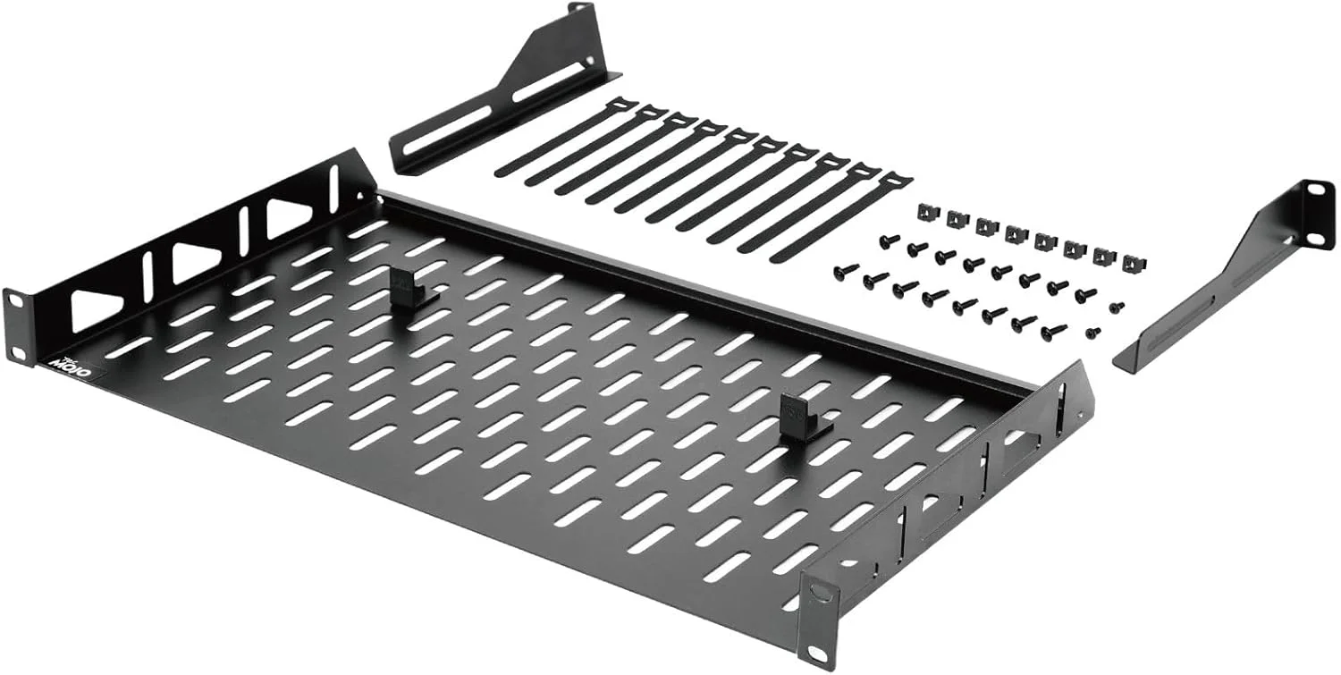 قفسه تکیه گاهی 1U تک موجو، قفسه رک سرور و شبکه با نصب جلویی 19 اینچی با عمق 254 میلی متر با گوش های نگهدارنده عقب و توقف های ضد لغزش، ظرفیت 50 کیلوگرم