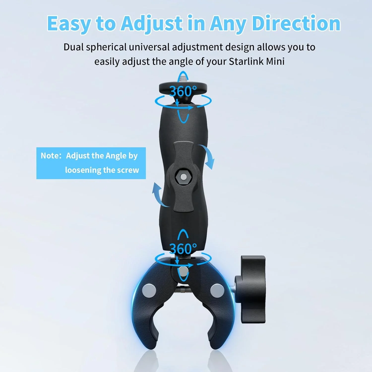 پایه مینی استارلینک، پایه گیره ای قابل تنظیم برای نردبان های RV، نرده محافظ و باربند سقف، پایه گیره ای زاویه قابل تنظیم جهانی، لوازم جانبی مینی استارلینک، سازگار با آداپتور لوله اصلی