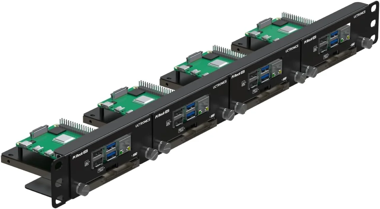 نگهدارنده رک 1U ۱۹ اینچی UCTRONICS برای رزبری پای با براکت های نصب SSD، پیچ های انگشتی براکت جداشدنی جلویی از 4 رزبری پای 5، 3B/3B+، 4B و 4 SSD پشتیبانی می کند، آداپتور کارت SD انتخابی