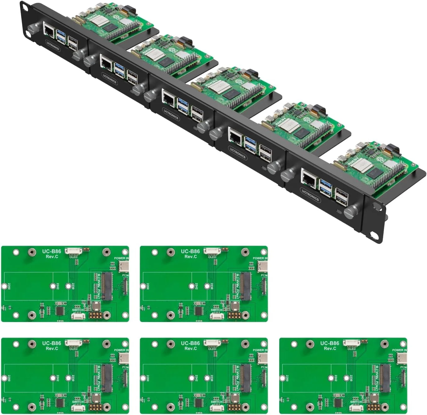 رک مونت 1U یوکترونیکس برای رزبری پای 5، رک سرور 19 اینچی با 5 آداپتور PCIe به M.2 NVME SSD، پشتیبانی از حداکثر 5 رزبری پای 5