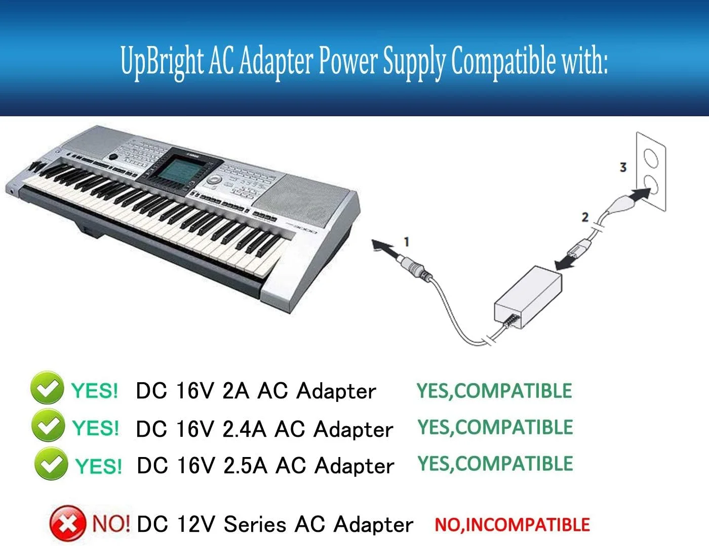 آداپتور ۱۶ ولت AC/DC برای یاماها PA-300 PA-301 PA-300B PA-300C P-120 S Pro P-120S MOTIF RACK سینتی سایزر ES PSR PSR-S PSRS کیبورد پیانو PSR-1000 PSR-S500 منبع تغذیه ۲.۴ آمپر
