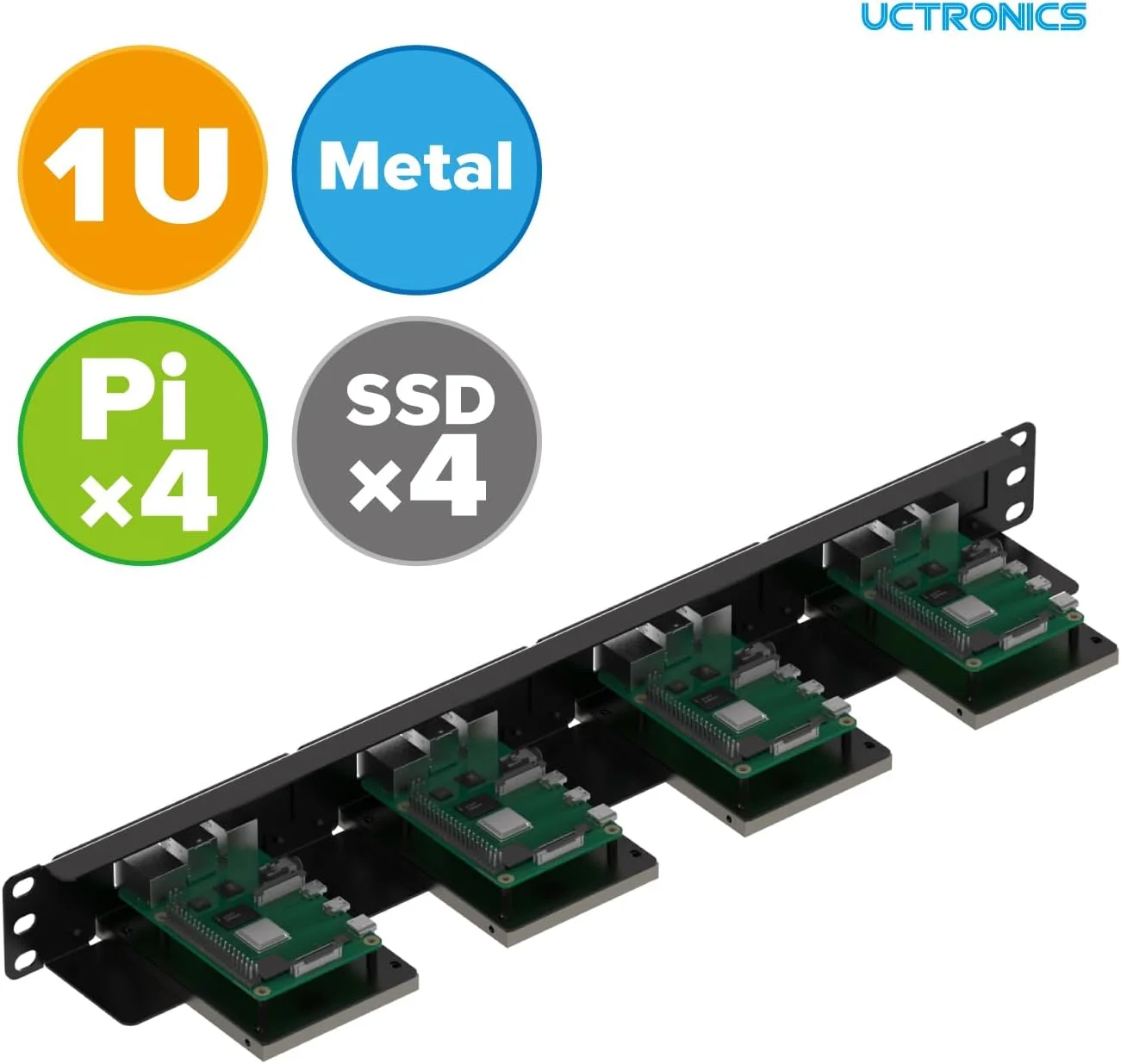 نگهدارنده رک 1U ۱۹ اینچی UCTRONICS برای رزبری پای با براکت های نصب SSD، پیچ های انگشتی براکت جداشدنی جلویی از 4 رزبری پای 5، 3B/3B+، 4B و 4 SSD پشتیبانی می کند، آداپتور کارت SD انتخابی