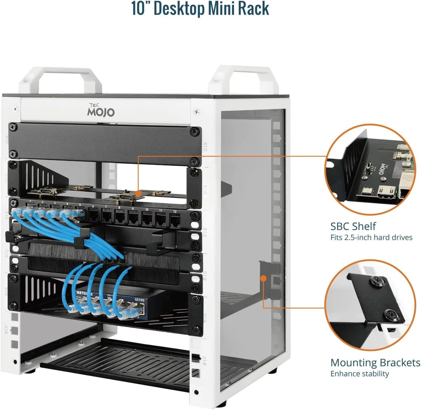 رک مینی رومیزی 10 اینچی Tecmojo، عمق 200 میلی‌متری 6U با قفسه SBC، برد آداپتور Micro HDMI به HDMI، پنل خالی، برای تجهیزات AV، NAS و سرور 10 اینچی