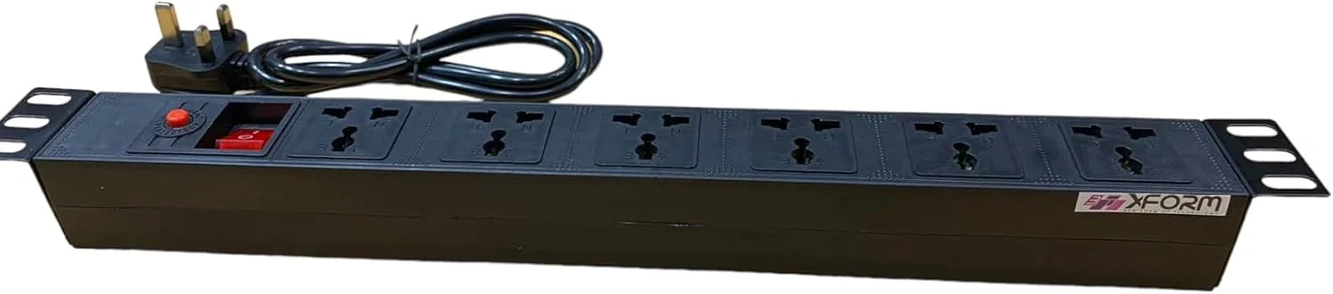 منبع تغذیه ۶ راهی XForm PDU - نصب در رک ۱U، منبع توزیع برق ۶ واحدی ۱۰ آمپر با پریزهای چندگانه، رنگ مشکی، پریز استاندارد با کلید