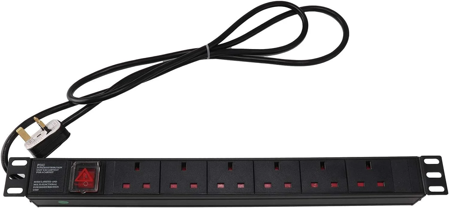 واحد توزیع برق ۶ راهه XForm PDU - نصب شده در رک 1U، واحد ۶ تایی بریتانیایی ۱۳ آمپر، چند شاخه، نوار برق PDU، رک کابینت شبکه، پریز مشکی رنگ استاندارد، توزیع برق آلومینیومی (۶ پریز)