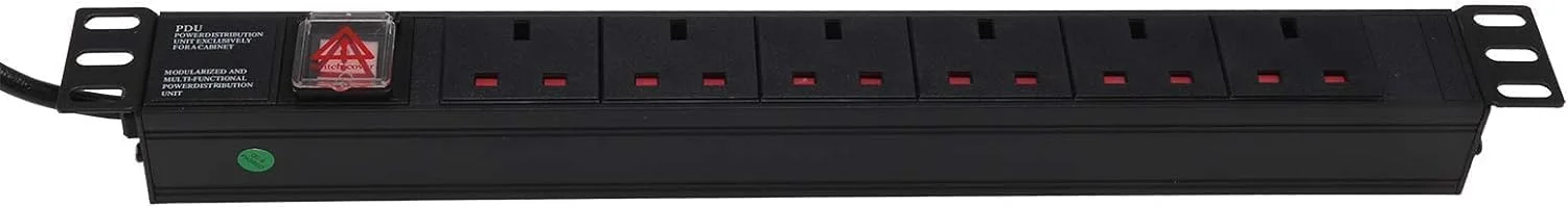 واحد توزیع برق ۶ راهه XForm PDU - نصب شده در رک 1U، واحد ۶ تایی بریتانیایی ۱۳ آمپر، چند شاخه، نوار برق PDU، رک کابینت شبکه، پریز مشکی رنگ استاندارد، توزیع برق آلومینیومی (۶ پریز)