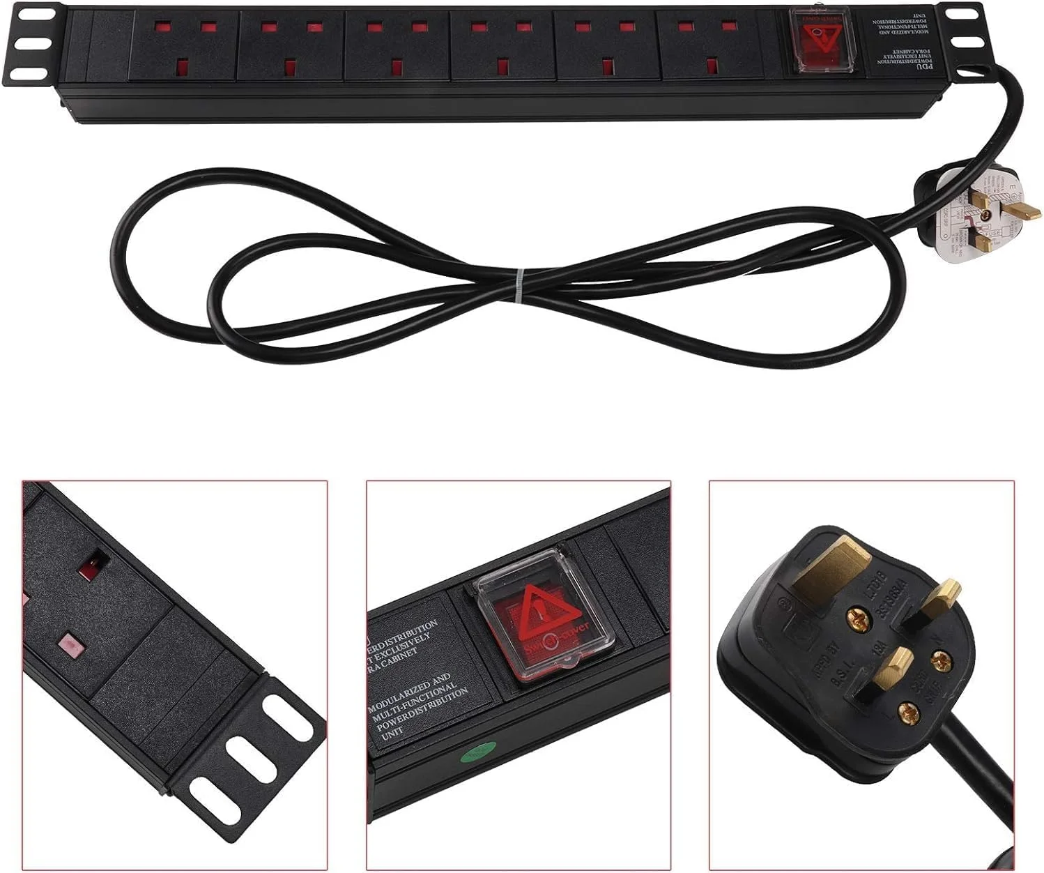 واحد توزیع برق ۶ راهه XForm PDU - نصب شده در رک 1U، واحد ۶ تایی بریتانیایی ۱۳ آمپر، چند شاخه، نوار برق PDU، رک کابینت شبکه، پریز مشکی رنگ استاندارد، توزیع برق آلومینیومی (۶ پریز)