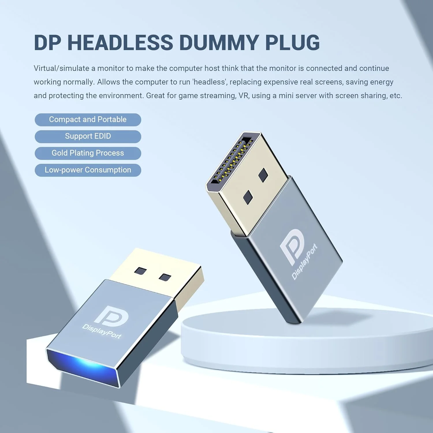 شبیه‌ساز Displayport EDID، آداپتور نمایشگر مجازی، آداپتور شبح بدون سر DP با پشتیبانی از رزولوشن 4K تا 3840x2160 @60HZ, 1080P (شبیه‌ساز نمایشگر شبح بدون سر، بسته 2 عددی، خاکستری)