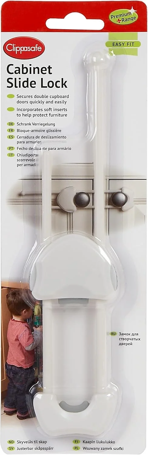 قفل کشویی کابینت کلیپاسیف - مدل Premium + - قفل درب کشویی کابینت ضد کودک، قفل کابینت قابل تنظیم U شکل برای کشوها و کمد با دستگیره گرد - سفید