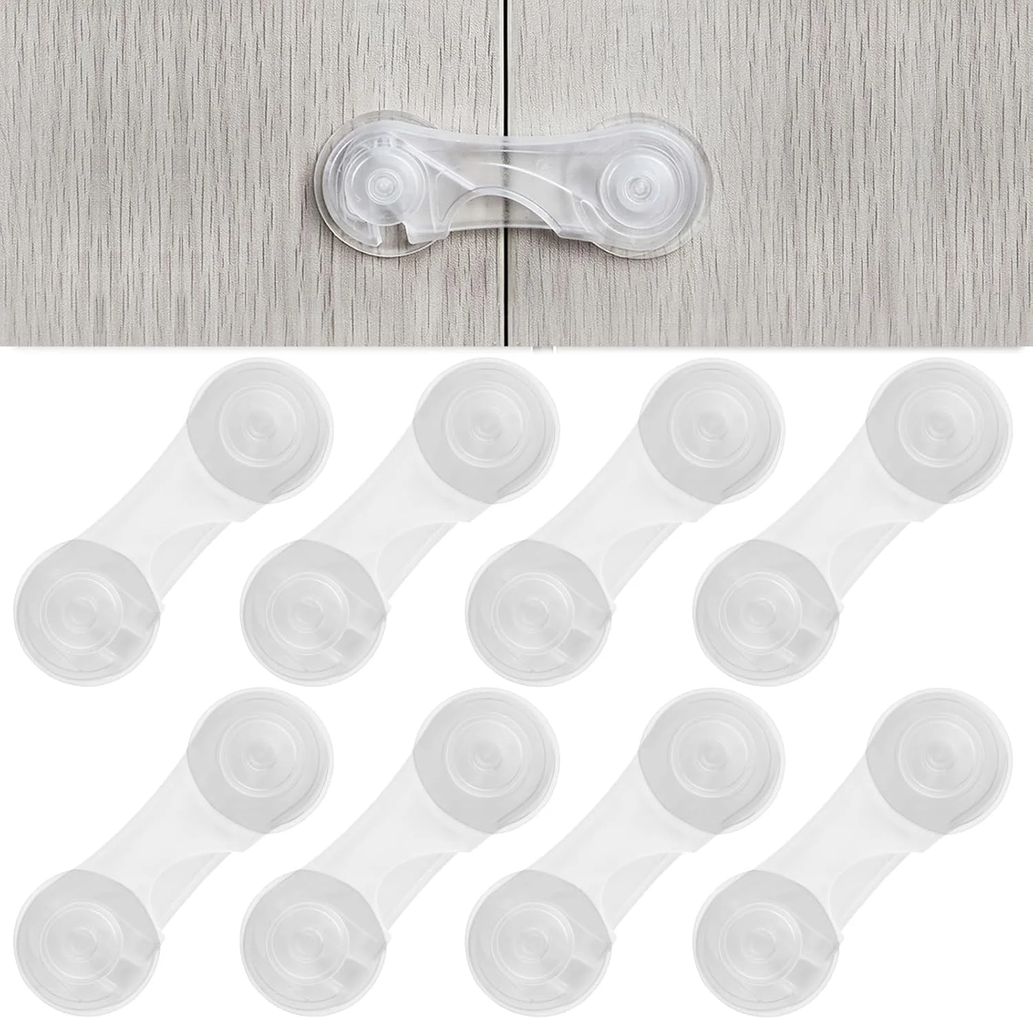 قفل درب کابینت JINXXTTA بسته 10 عددی برای ایمنی کودک، قفل کابینت کودک با چسب برای کشو، کمد، یخچال، قفسه، قفل ایمنی کودک برای محافظت از کودکان (شفاف)