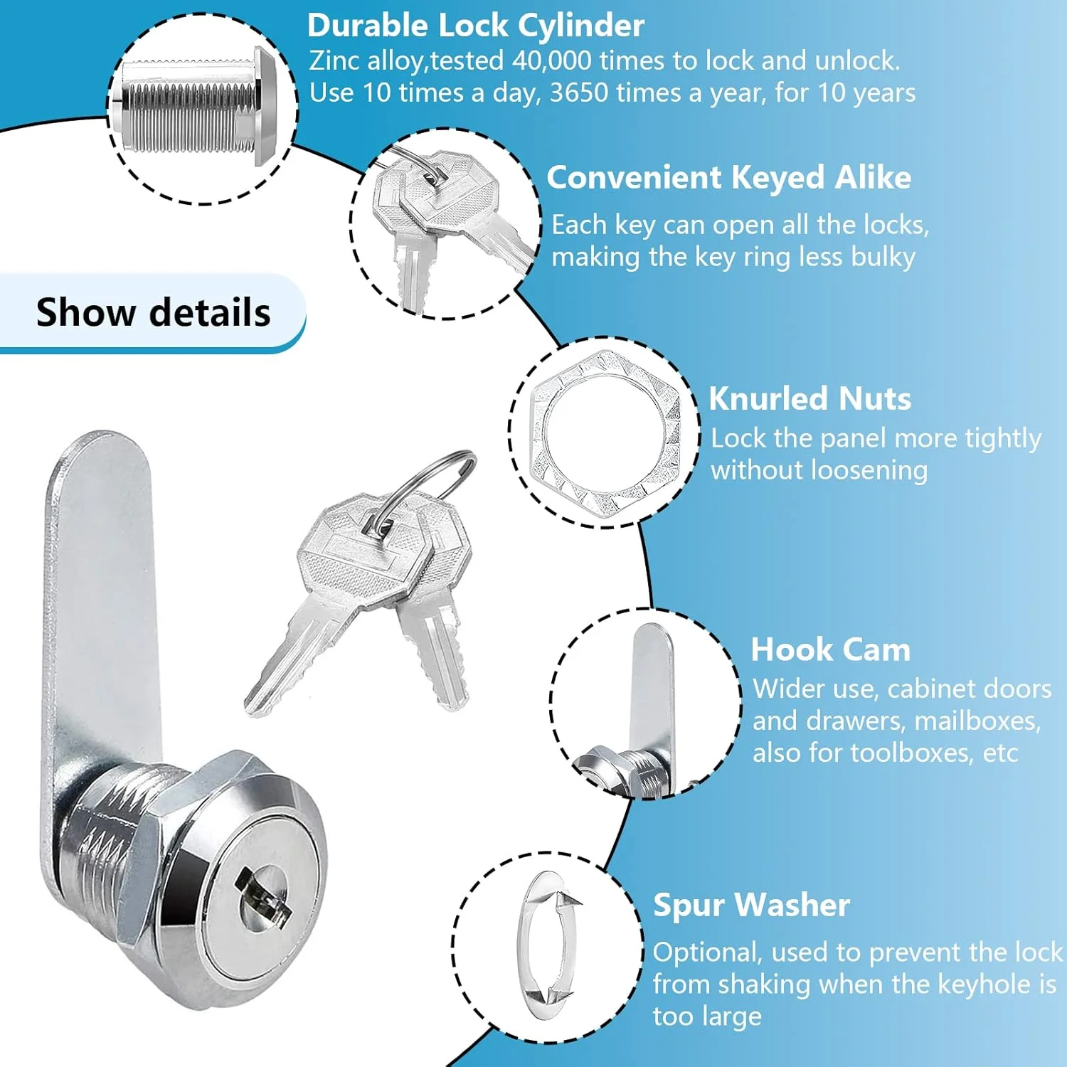 قفل صندوق پستی، قفل کابینت کشو، قفل درب کابینت کمد با 2 کلید برای کمد پرونده اداری، نقره ای (3 عدد)