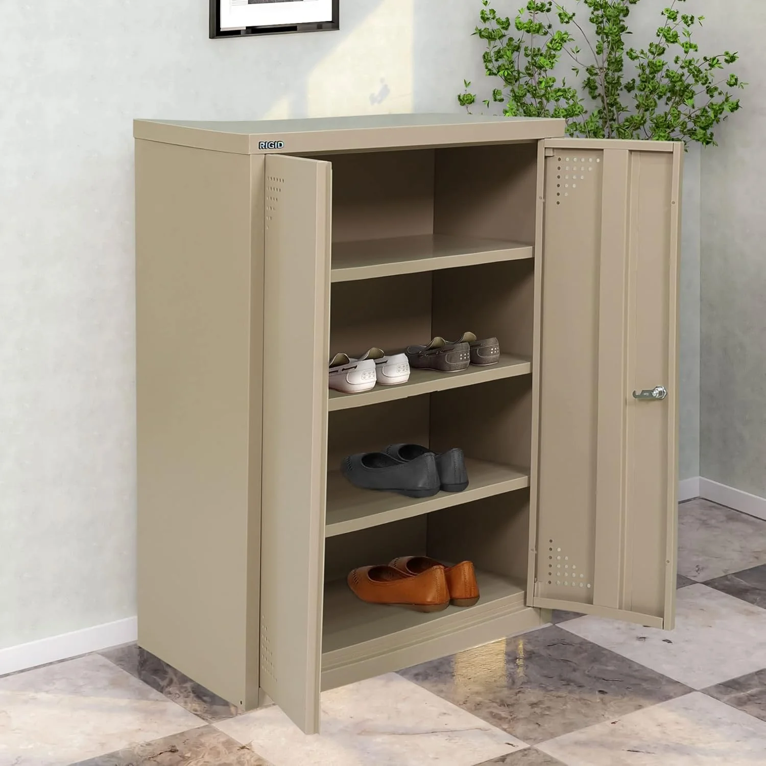 جاکفشی فلزی محکم با درب | کابینت نگهداری 3 طبقه با سوراخ های تهویه | از پیش مونتاژ شده، قفل بادامکی گرد با 2 کلید | واحد نگهداری کفش - خانه، دفتر، اتاق نشیمن (90H * 60W * 40D) بژ