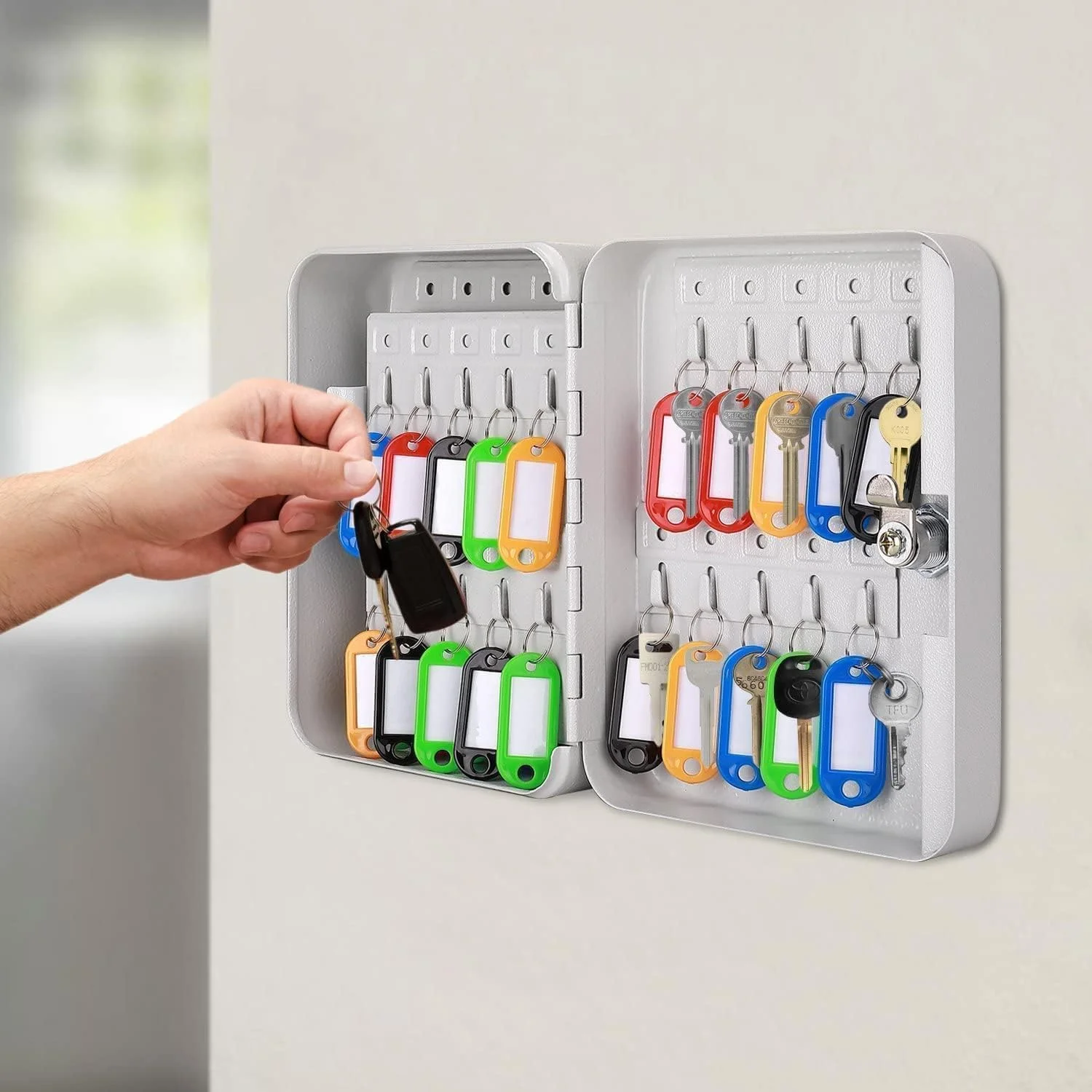 جعبه کلید فلزی نیگانملوز (48 کلید، سفید)، جعبه قفل نگهداری کلید، جعبه کابینت امنیتی کلید فولادی، نصب دیواری مدیریت کلید با قفل کلید، جعبه قفل کلید نگهداری