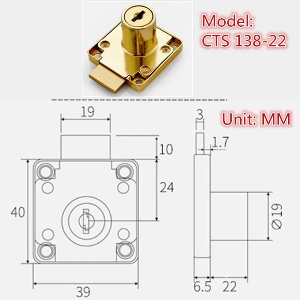 قفل کابینت، قفل کشو، قفل صندوق پستی، قفل درب، مناسب برای کابینت های چوبی. مدل CT-138-22، (قطر سوراخ 19 میلی متر) مناسب برای ضخامت درب 17 تا 22 میلی متر. 1 عدد