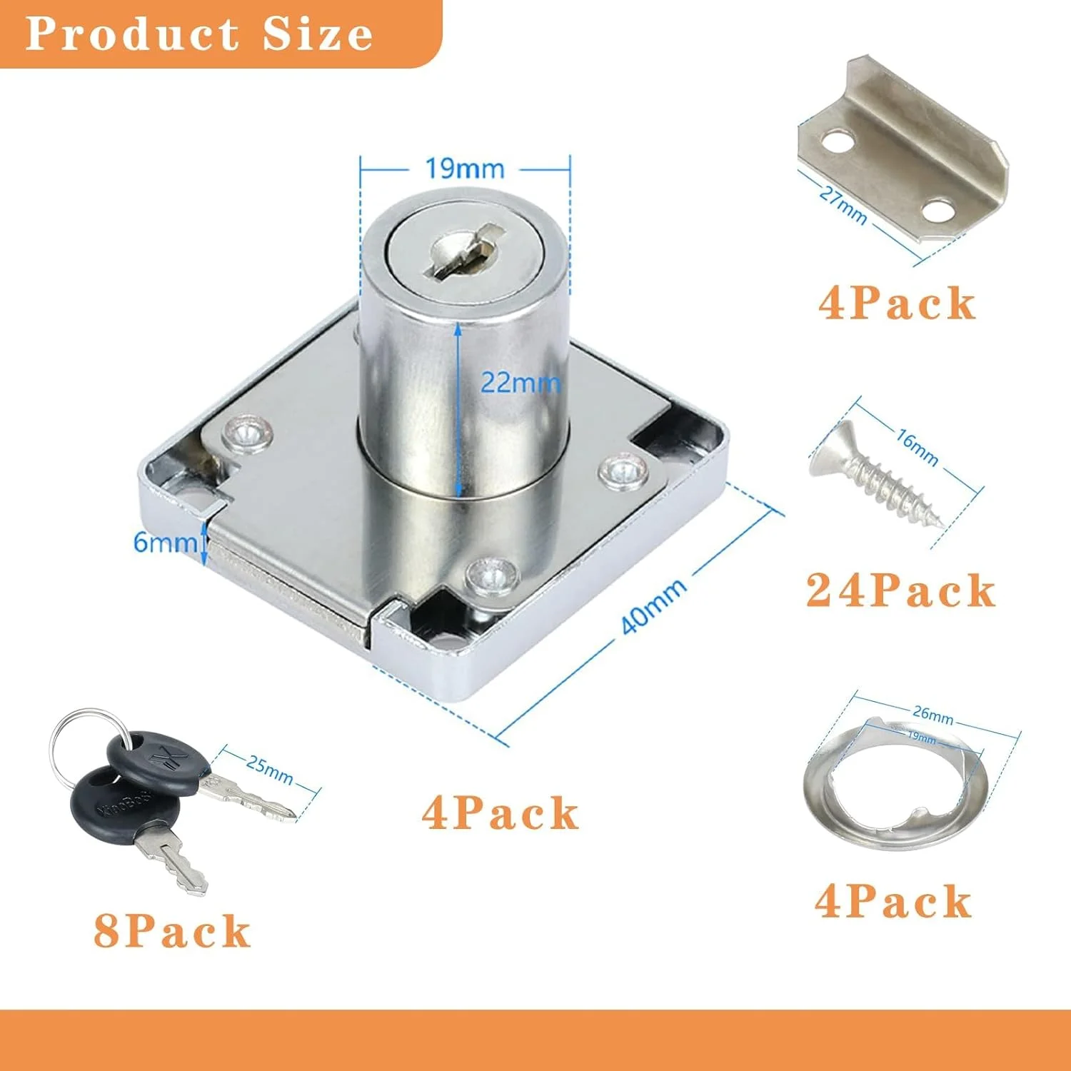 ست قفل کابینت امنیتی 4 عددی، قفل چرخشی 22 میلی متری با کلید، برای مبلمان، کابینت، صندوق پستی، کشو، منزل و اداره