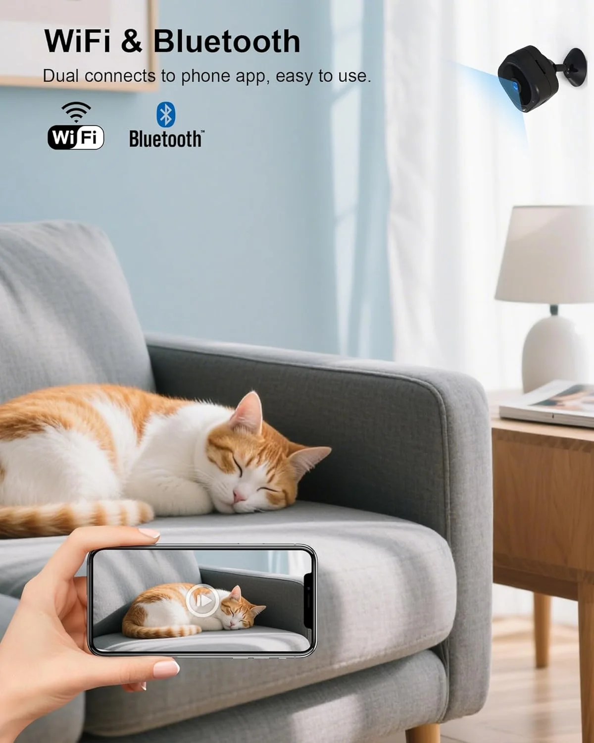 دوربین کوچک 1080P HD AOBOCAM برای امنیت داخلی با کنترل از طریق اپلیکیشن، تشخیص حرکت و دید در شب، وای فای بی سیم قابل شارژ، دوربین حیوانات خانگی برای خانه/دفتر کار، ذخیره چرخه 24/7 (مشکی)