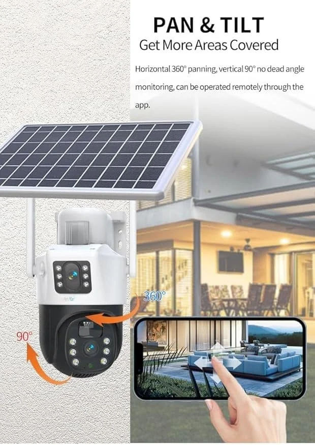 دوربین امنیتی خورشیدی 4G LTE با سیم کارت، کیفیت 8 مگاپیکسل فول اچ دی، چرخش 360 درجه، نورافکن، دید در شب رنگی، ارتباط دو طرفه، سنسور حرکتی PIR، بدون نیاز به وای فای