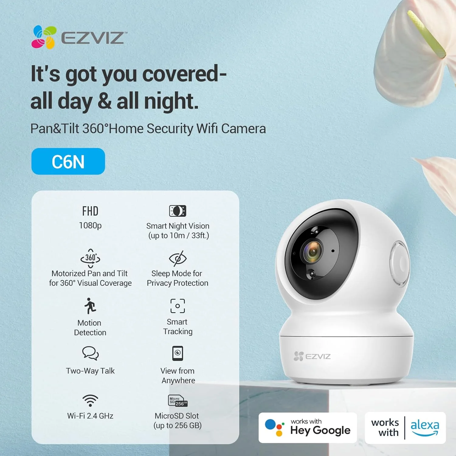 دوربین های امنیتی داخلی بی سیم EZVIZ بسته 2 عددی، 1080P، دوربین حیوانات خانگی، مانیتور کودک، ردیابی خودکار، تشخیص حرکت، دید در شب IR 10 متری، صدای دو طرفه، آلارم، کنترل Google Alexa (C6N)