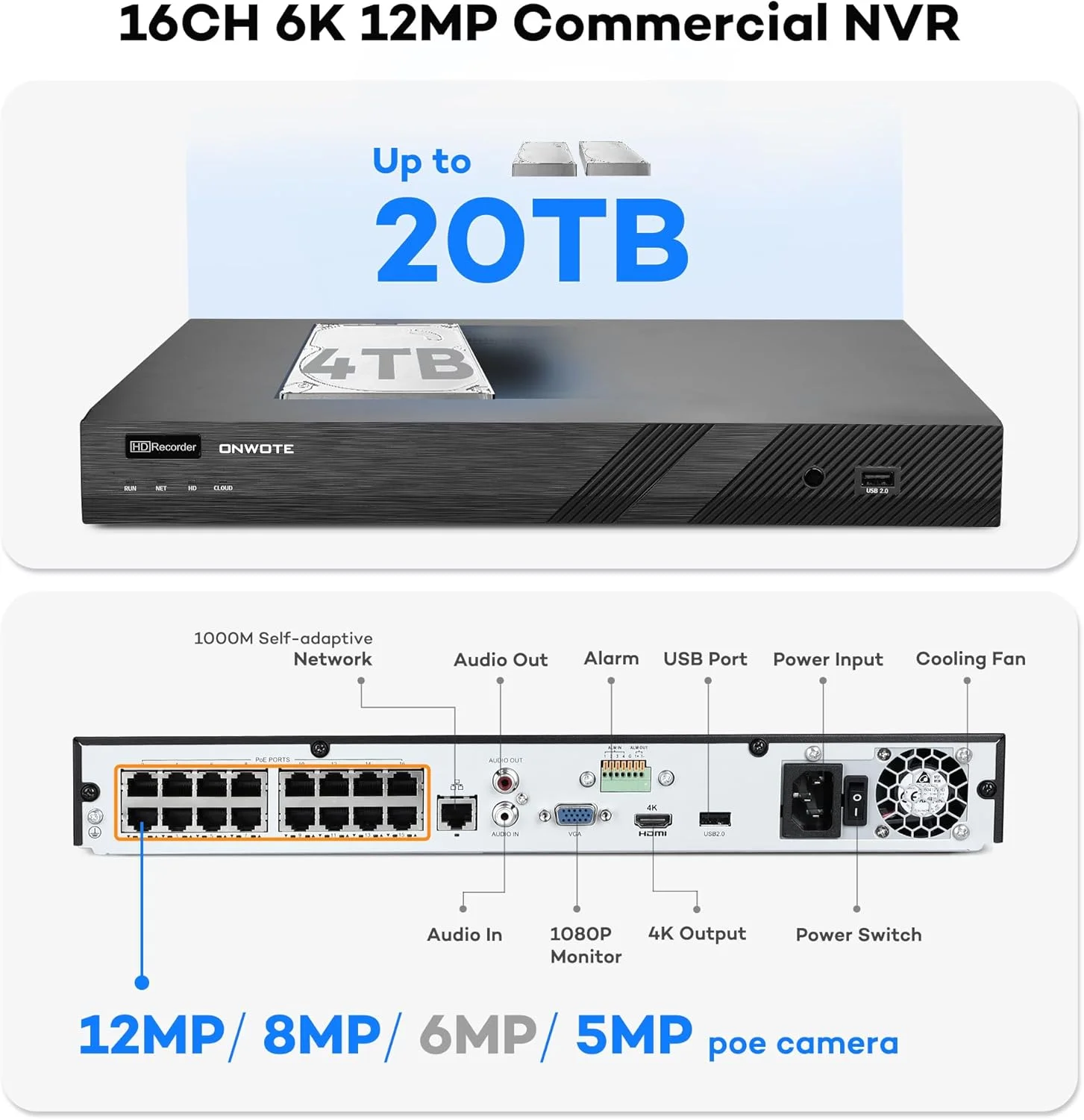 سیستم دوربین مداربسته تحت شبکه ONWOTE با 16 کانال، NVR تجاری 16 کاناله 12 مگاپیکسلی 4K با 4 ترابایت حافظه، 8 عدد دوربین 6 مگاپیکسلی IP با زاویه دید 122 درجه، تشخیص هوشمند، ضبط صدا و تصویر 24/7، به همراه 8 کابل (مجموع 480 فوت)، سیستم مداربسته برای منازل و کسب و کارها سیستم دوربین مداربسته تحت شبکه ONWOTE با 16 کانال، NVR تجاری 16 کاناله 12 مگاپیکسلی 4K با 4 ترابایت حافظه، 8 عدد دوربین 6 مگاپیکسلی IP با زاویه دید 122 درجه، تشخیص هوشمند، ضبط صدا و تصویر 24/7، به همراه 8 کابل (مجموع 480 فوت)، سیستم مداربسته برای منازل و کسب و کارها