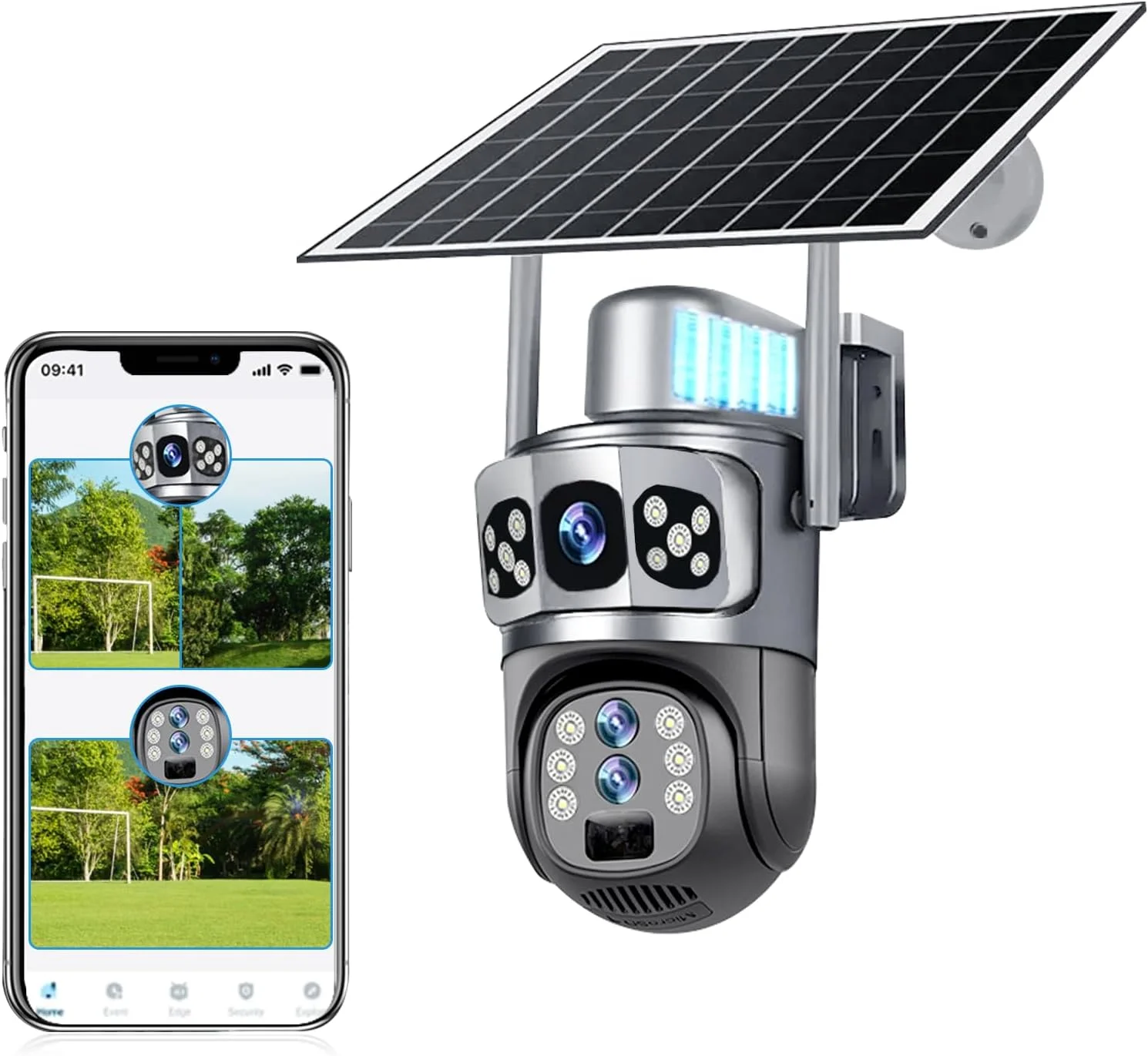 دوربین های امنیتی خورشیدی 4G سه لنز، دوربین های زوم 10X 6K برای امنیت خانه، دوربین باتری دار 360 درجه 12 مگاپیکسلی، دید در شب رنگی، تشخیص انسان با هوش مصنوعی، آلارم PIR، صدای دو طرفه، ضد آب و هوا