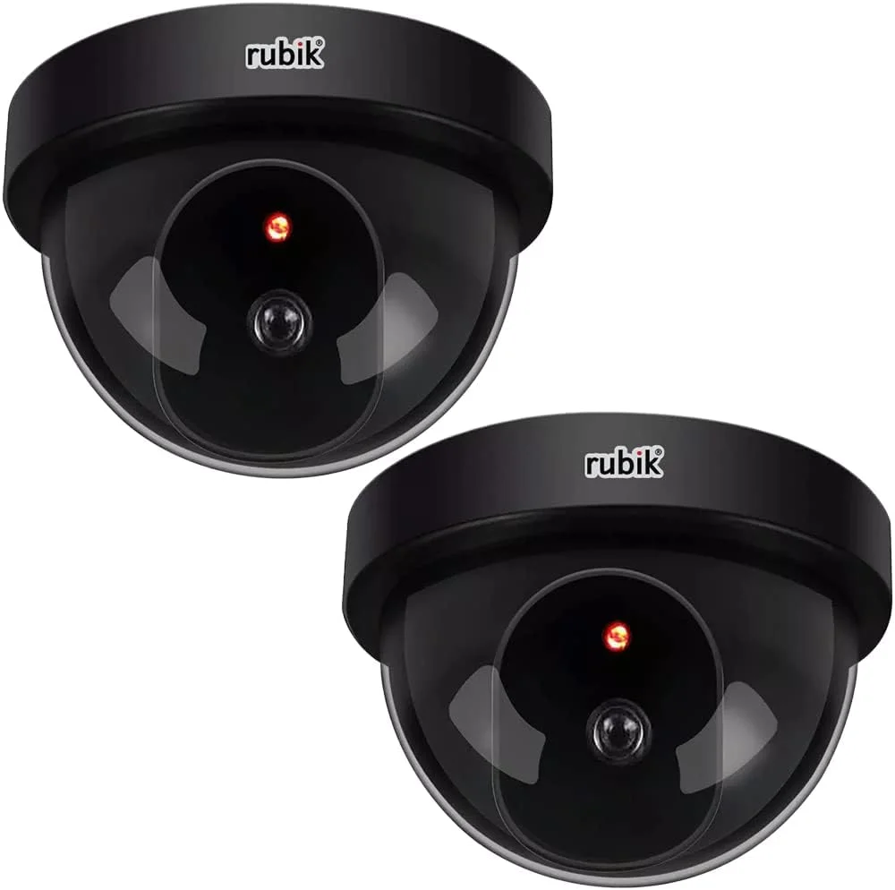 روبیک 2 عدد دوربین مداربسته امنیتی تقلبی با چراغ LED چشمک زن، دوربین نظارتی مداربسته شبیه سازی شده، دوربین گنبدی امنیتی داخلی با چراغ LED (پایه، مشکی)