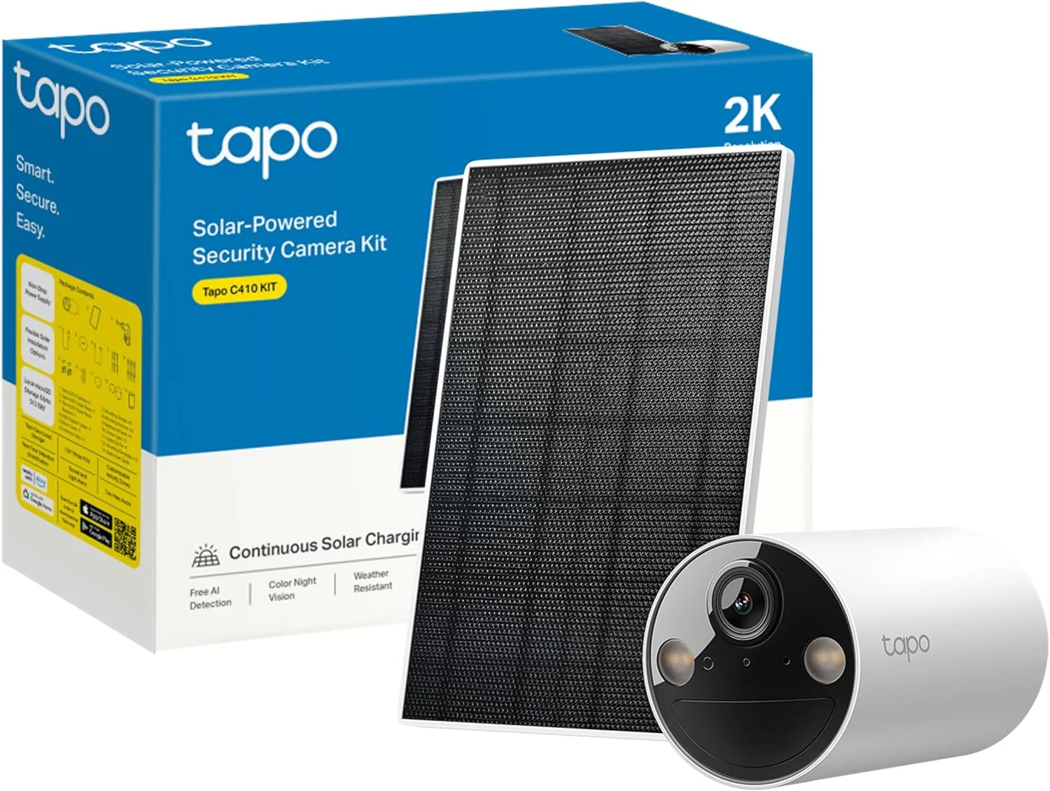 دوربین مداربسته خورشیدی Tapo C410 KIT، 2K 3MP، دید در شب رنگی، حافظه MicroSD، باتری 6400 میلی آمپر غیر قابل جابجایی، صدای دو طرفه، تشخیص شخص، سازگار با Alexa و Google Assistant، 2.4 گیگاهرتز