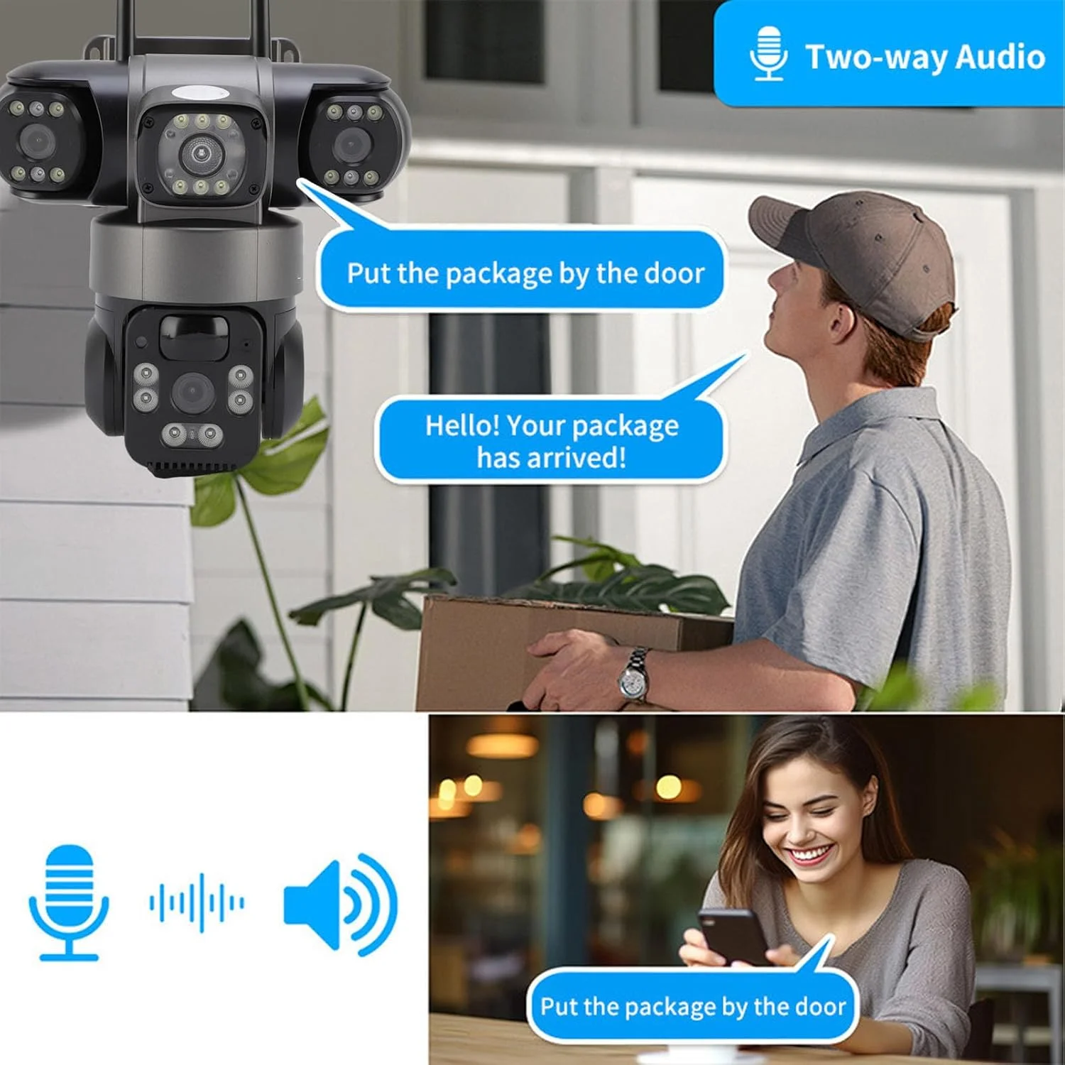 دوربین امنیتی سه لنز، سیستم نظارت خورشیدی 4G در فضای باز، نمای سه طرفه 2 مگاپیکسلی HD، تشخیص حرکت، مکالمه دو طرفه، باتری 32000 میلی آمپر ساعت، برای مزارع (نسخه آسیا اقیانوسیه)