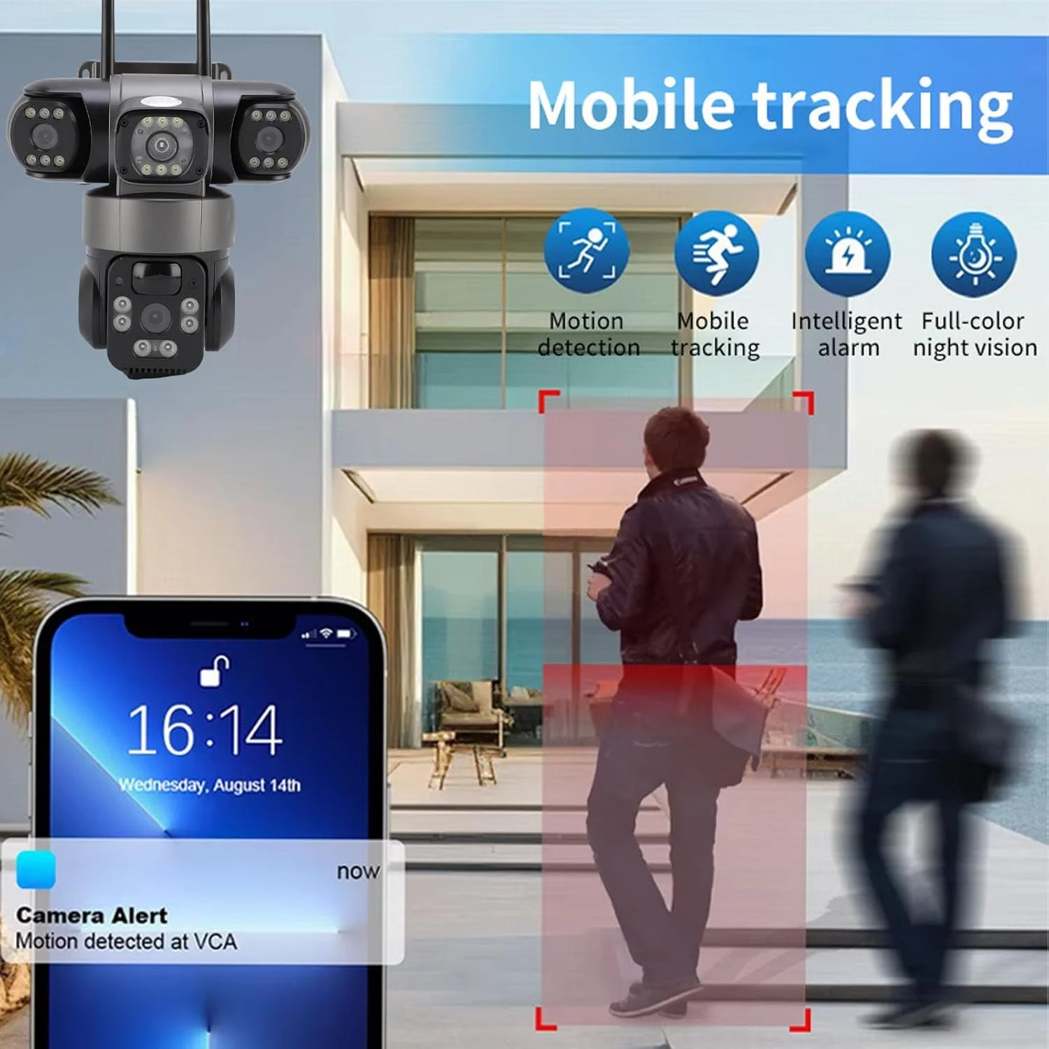 دوربین امنیتی سه لنز، سیستم نظارت خورشیدی 4G در فضای باز، نمای سه طرفه 2 مگاپیکسلی HD، تشخیص حرکت، مکالمه دو طرفه، باتری 32000 میلی آمپر ساعت، برای مزارع (نسخه آسیا اقیانوسیه)