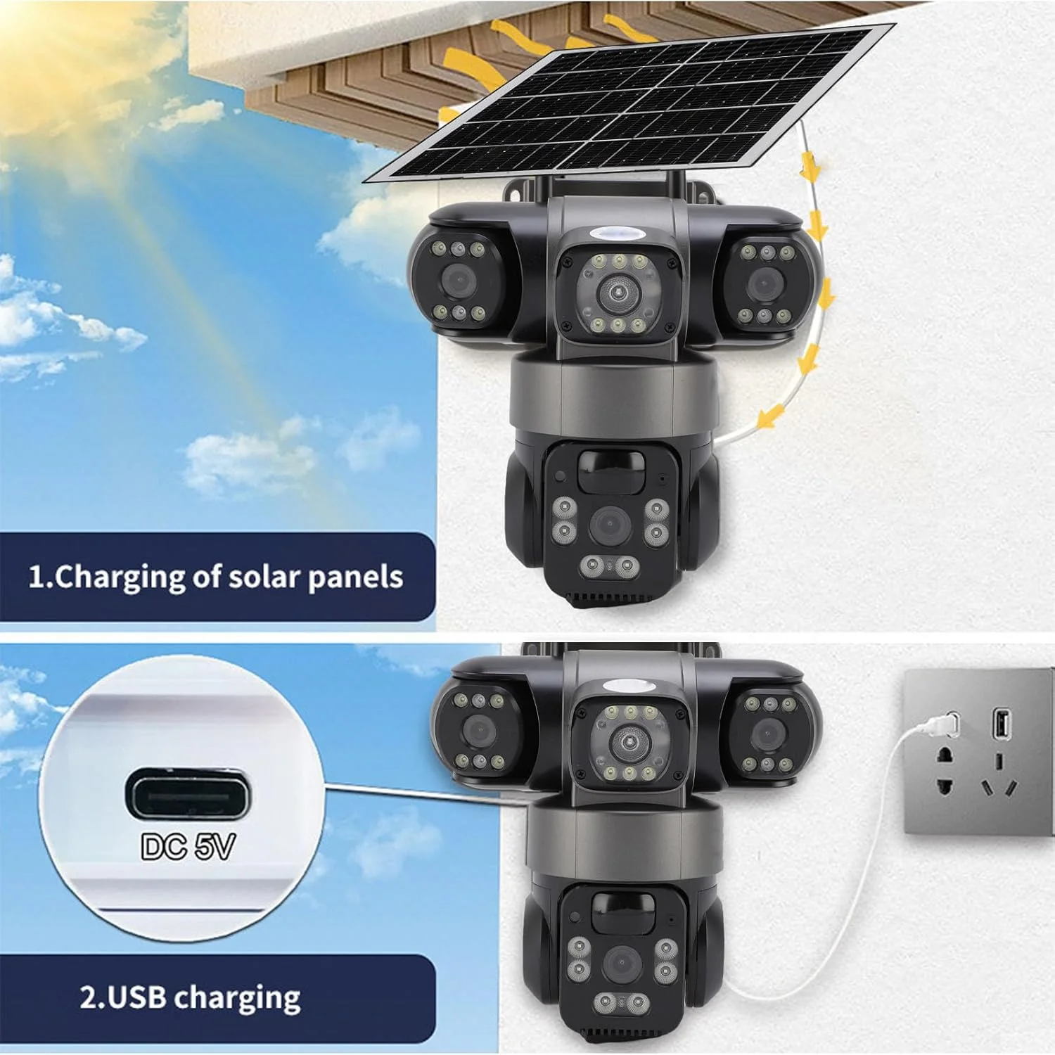 دوربین امنیتی سه لنز، سیستم نظارت خورشیدی 4G در فضای باز، نمای سه طرفه 2 مگاپیکسلی HD، تشخیص حرکت، مکالمه دو طرفه، باتری 32000 میلی آمپر ساعت، برای مزارع (نسخه آسیا اقیانوسیه)