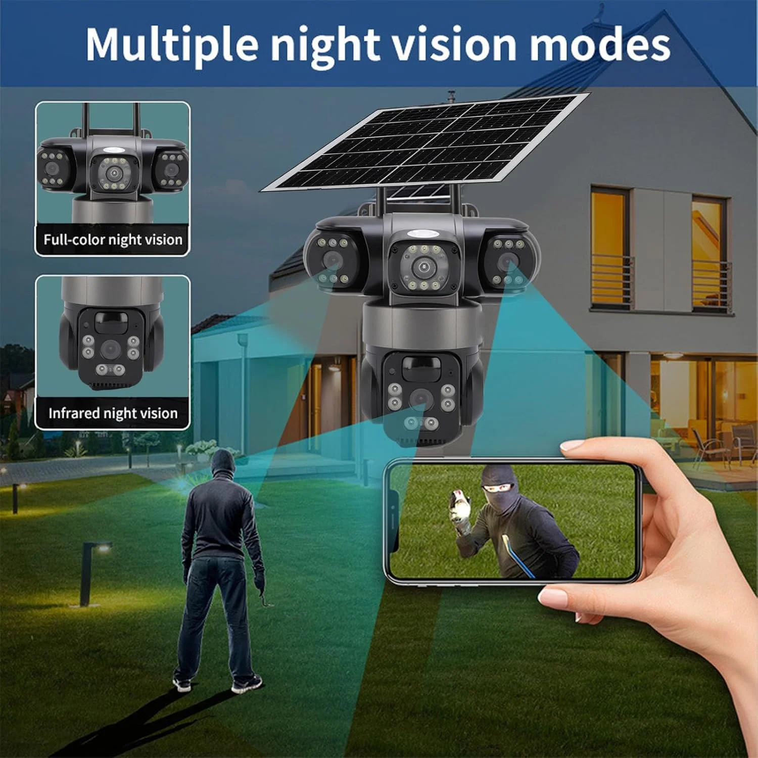 دوربین امنیتی سه لنز، سیستم نظارت خورشیدی 4G در فضای باز، نمای سه طرفه 2 مگاپیکسلی HD، تشخیص حرکت، مکالمه دو طرفه، باتری 32000 میلی آمپر ساعت، برای مزارع (نسخه آسیا اقیانوسیه)