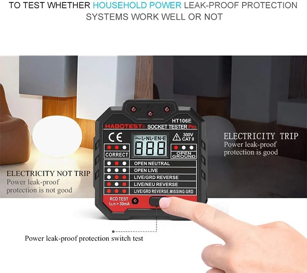 تستر پریز برق BE ONE، آشکارساز قطبیت مدار سیم ارت خنثی زنده خودکار RCD پیشرفته BEONE، یاب قطع کننده دوشاخه دیواری، تست نشت الکتریکی HT106E تستر پریز برق BE ONE، آشکارساز قطبیت مدار سیم ارت خنثی زنده خودکار RCD پیشرفته BEONE، یاب قطع کننده دوشاخه دیواری، تست نشت الکتریکی HT106E