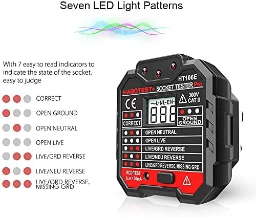 تستر پریز برق BE ONE، آشکارساز قطبیت مدار سیم ارت خنثی زنده خودکار RCD پیشرفته BEONE، یاب قطع کننده دوشاخه دیواری، تست نشت الکتریکی HT106E تستر پریز برق BE ONE، آشکارساز قطبیت مدار سیم ارت خنثی زنده خودکار RCD پیشرفته BEONE، یاب قطع کننده دوشاخه دیواری، تست نشت الکتریکی HT106E