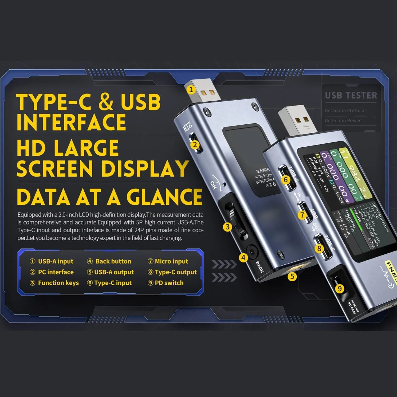 تستر USB بیوینر 4-28 ولت 0-7 آمپر 0-140 وات، مولتی متر جریان ولتاژ USB AC، اندازه گیری ظرفیت تشخیص شارژ سریع با صفحه نمایش LCD 2.0 اینچی با کیفیت بالا برای PD2.0 PD3.0 تستر USB بیوینر 4-28 ولت 0-7 آمپر 0-140 وات، مولتی متر جریان ولتاژ USB AC، اندازه گیری ظرفیت تشخیص شارژ سریع با صفحه نمایش LCD 2.0 اینچی با کیفیت بالا برای PD2.0 PD3.0
